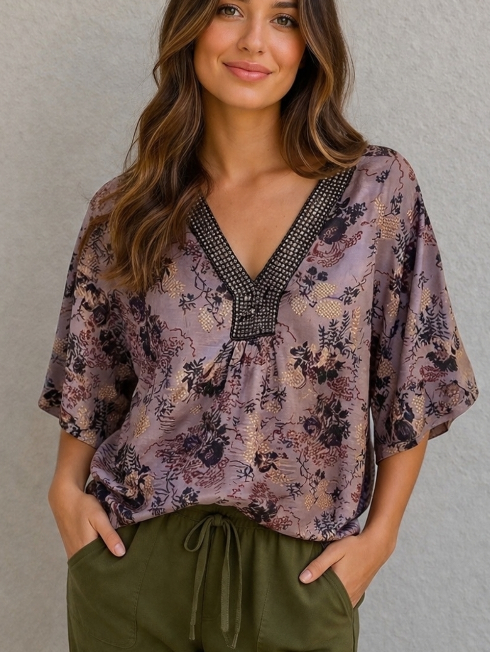 Ny COLLECTION Purple Embellished Satin Asian Floral Blouse